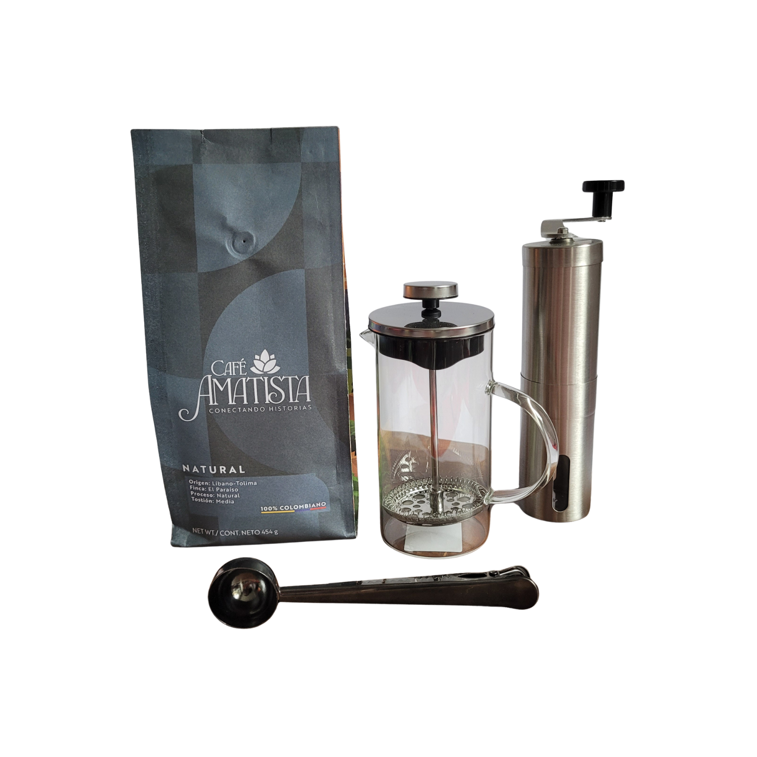 Kit Café Natural + Prensa 350ml + Cuchara con gancho + Molino