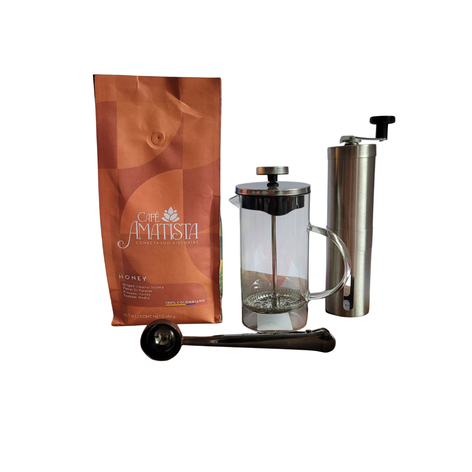 Kit Café Honey + Prensa 350ml + Cuchara con gancho + Molino