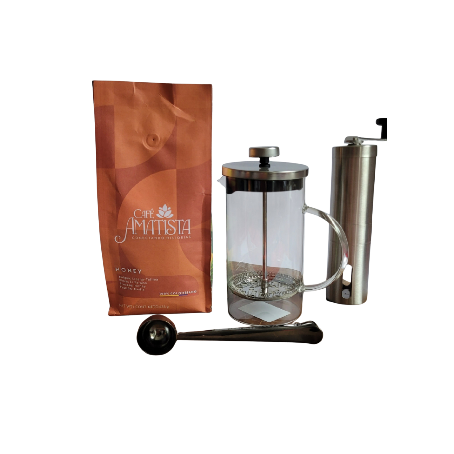 Kit Café Honey + Prensa 600ml + Cuchara con gancho + Molino