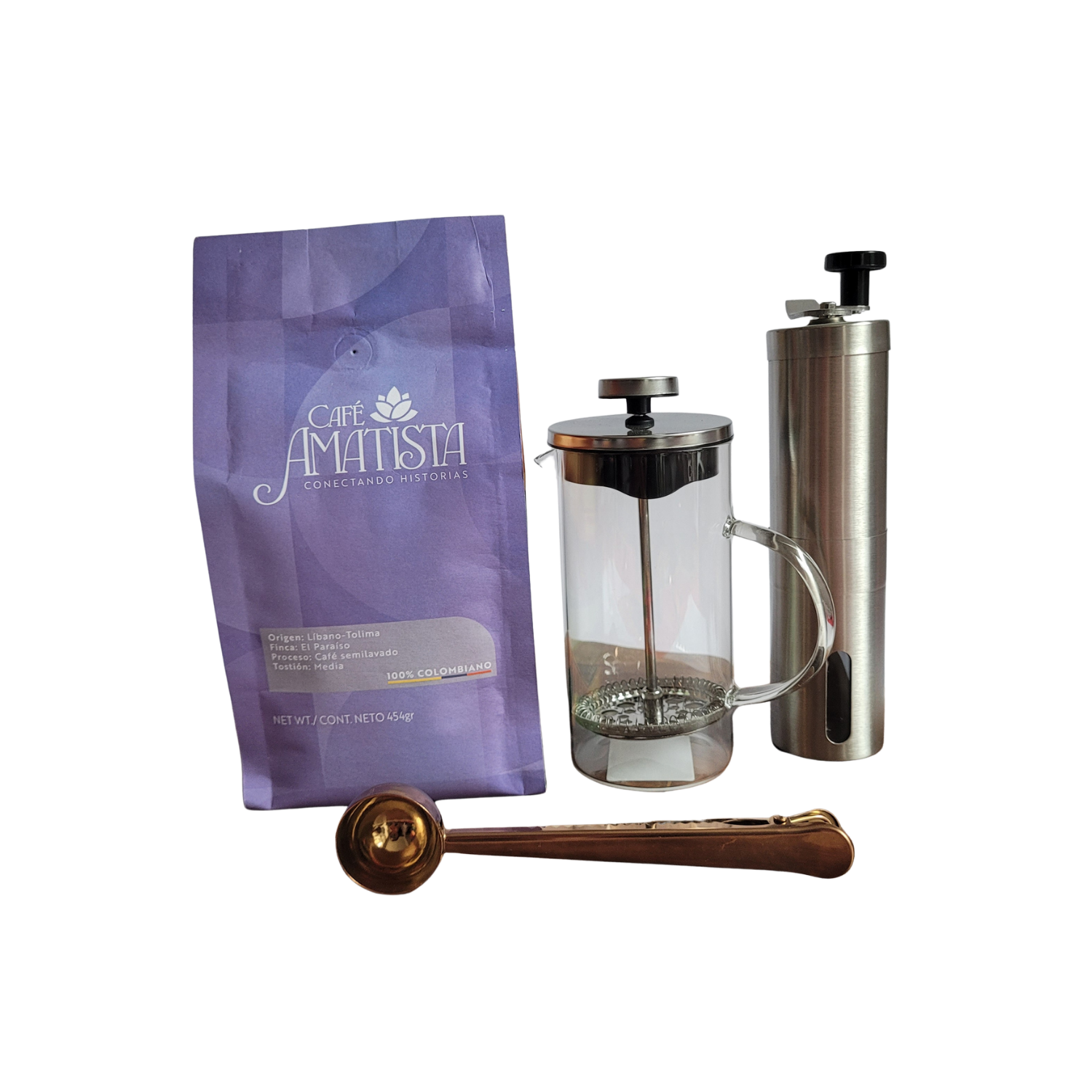 Kit Café Semilavado + Prensa 350ml + Cuchara con gancho + Molino