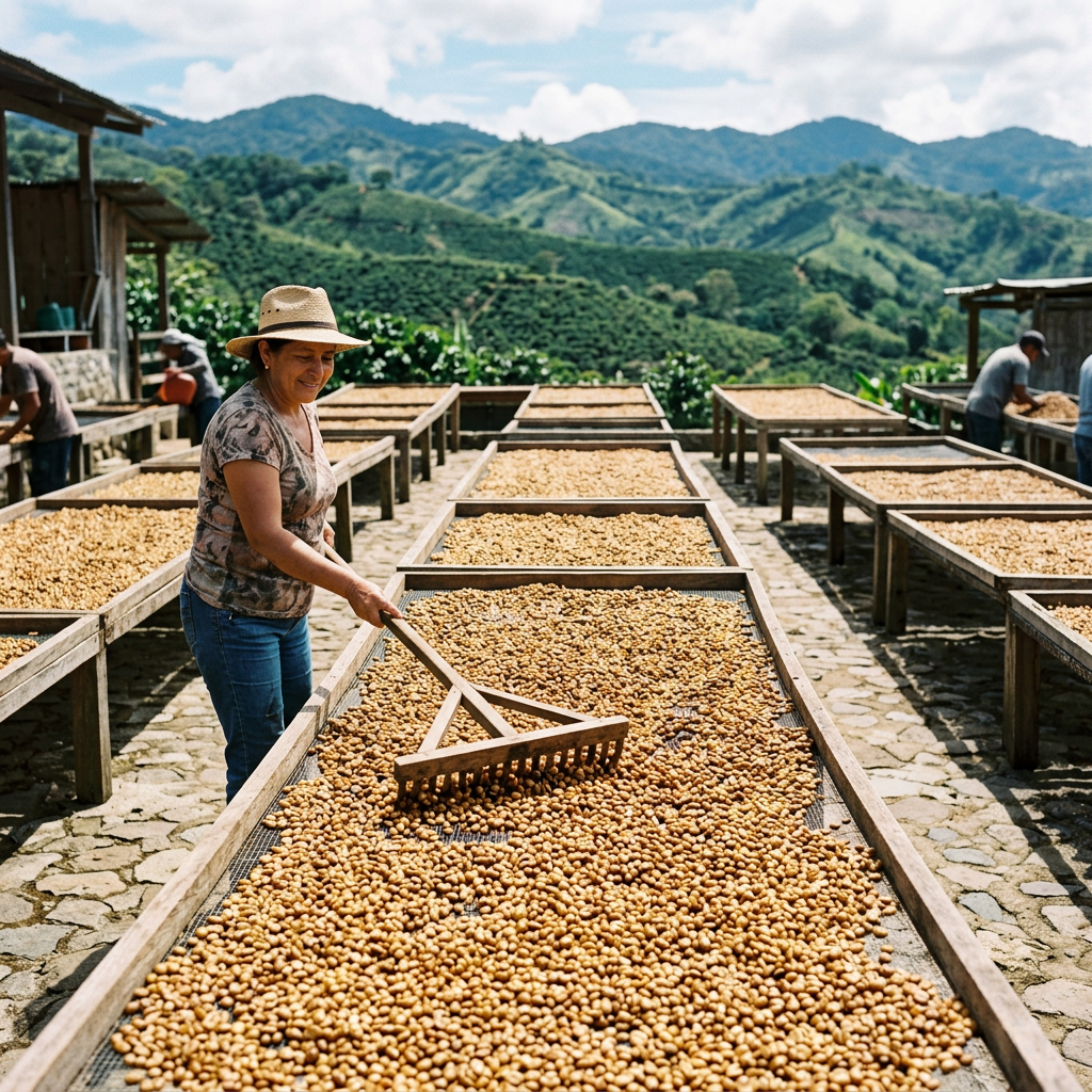 Woman raking drying coffee beans on raised drying beds outdoors