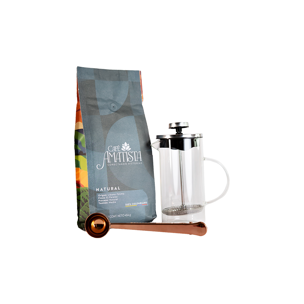 Kit Café Natural + Prensa 350ml + Cuchara con gancho